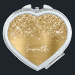 Glittery Gold Glam Script Name Herz Taschenspiegel<br><div class="desc">Passen Sie das moderne handgeschriebene Kalligraphieskript an, um Ihren eigenen, herzförmigen Make-up-Kompakt zu erstellen. Fügen Sie ein Monogramm Initial hinzu, um eine erste Kombination aus Vornamen zu erstellen. Es gibt viele nette Schriftart Stile, um dieses Design zu personalisieren. Girly Imitate Gold Glitzer und gebürstete Metallfolie Digital Art (es wird wie...</div>