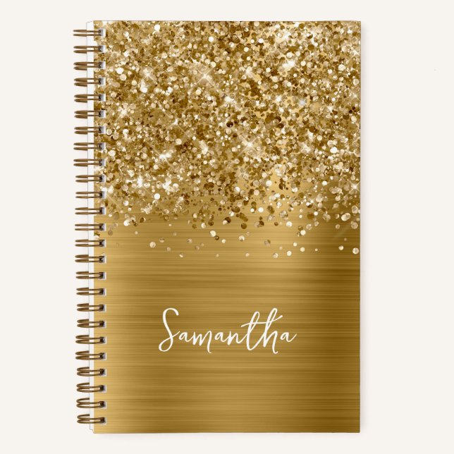 Glittery Gold Glam Script Name Notizbuch (Vorderseite)