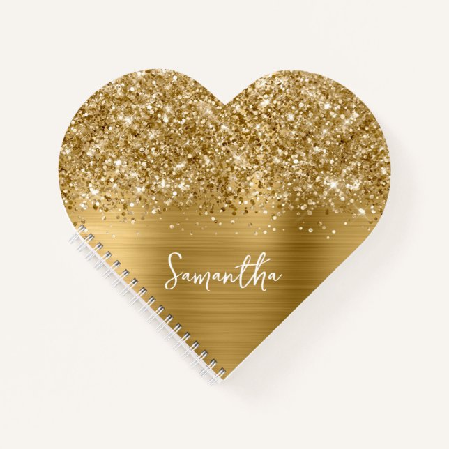 Glittery Gold Glam Script Name Notizbuch (Vorderseite)