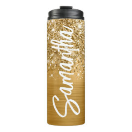 Glittery Gold Glam Vertikaler Name Personalisiert Thermosbecher
