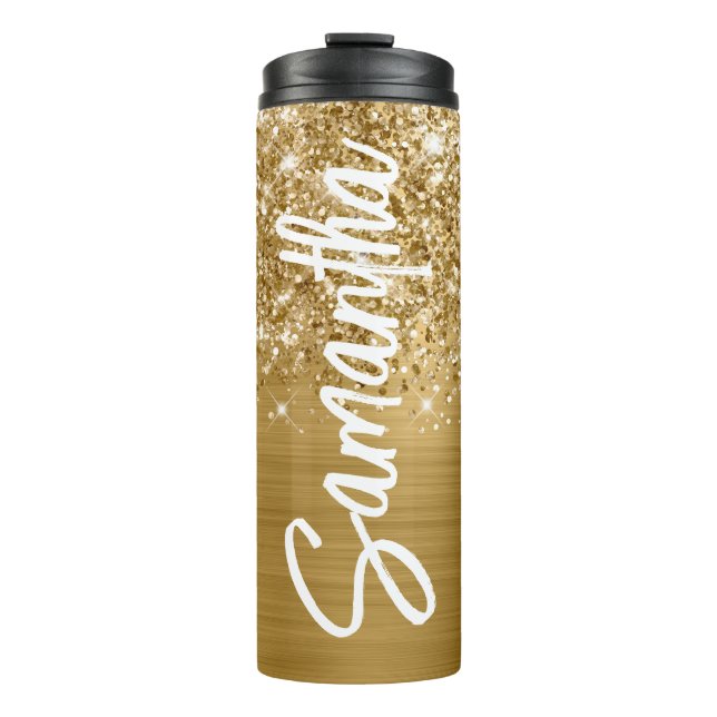 Glittery Gold Glam Vertikaler Name Personalisiert Thermosbecher (Vorderseite)