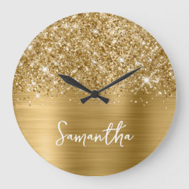 Glittery Gold Glam White Script Name Große Wanduhr