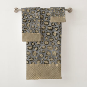 Glittery Gold Leopard Print on Glossy Grau Badhandtuch Set