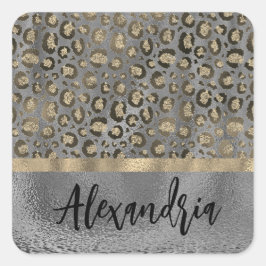 Glittery Gold Leopard Print on Grau Personalisiert Quadratischer Aufkleber