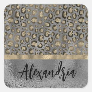 Glittery Gold Leopard Print on Grau Personalisiert Quadratischer Aufkleber