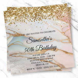 Glittery Gold Marbled Opal 50. Geburtstag Einladung