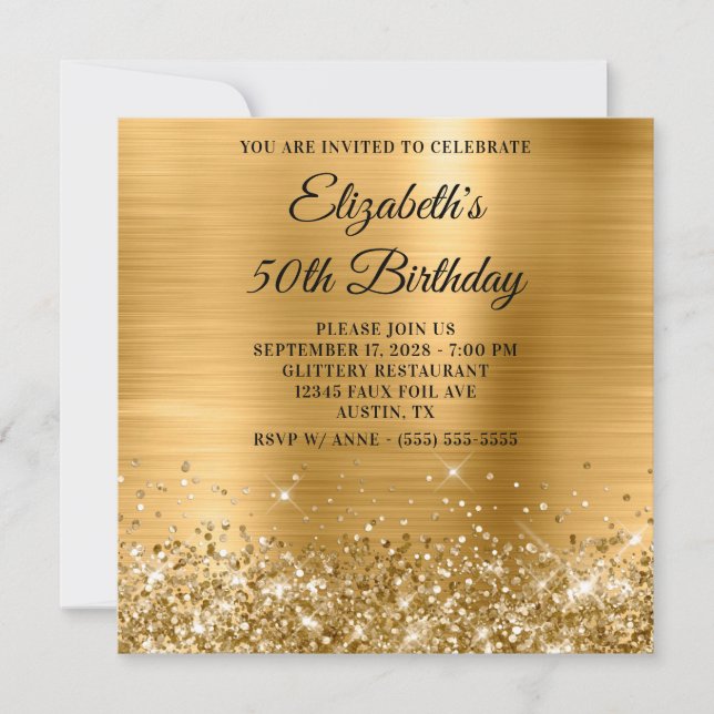Glittery Gold Metallic 50. Geburtstag Einladung (Vorderseite)