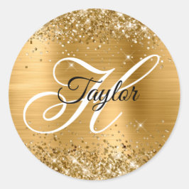 Glittery Gold Metallic Extravagant Monogram Runder Aufkleber