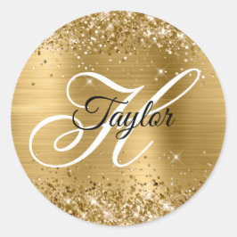 Glittery Gold Metallic Extravagant Monogram Runder Aufkleber