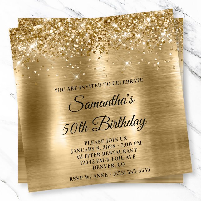 Glittery Gold Metallic Foil Look 50. Geburtstag Einladung (Glittery Gold Metallic Foil Look 50th Birthday Invitation)