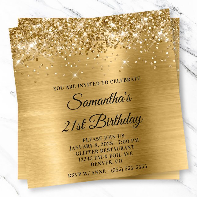 Glittery Gold Metallic Look 21. Geburtstag Einladung (Glittery Gold Metallic Look 21st Birthday Invitation)