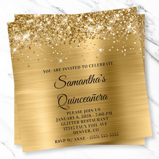 Glittery Gold Metallic Look Quinceanera Einladung (Glittery Gold Metallic Look Quinceanera Invitation)