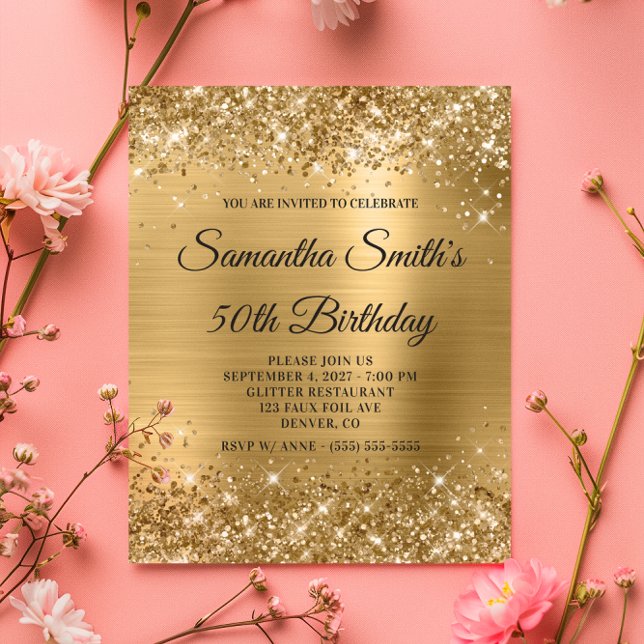 Glittery Gold Monogram 50. Geburtstagsaufruf (Budget Glittery Gold Monogram 50th Birthday Invite)