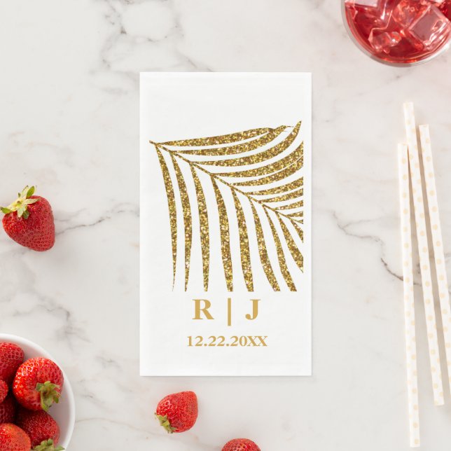 Glittery Gold Palm Leaf Monogram Name Wedding Serviette (Beispiel)