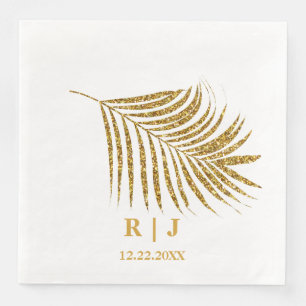 Glittery Gold Palm Leaf Monogram Name Wedding Serviette