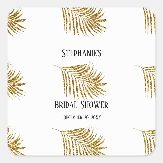 Glittery Gold Palm Tree Leaf Wedding Brautparty Quadratischer Aufkleber (Vorderseite)