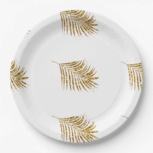 Glittery Gold Palms Tropical Weddings Leaf Muster Pappteller (Vorderseite)