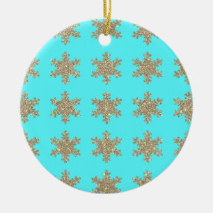 Glittery Gold Snowflakes Patterns Türkis Blau Keramik Ornament