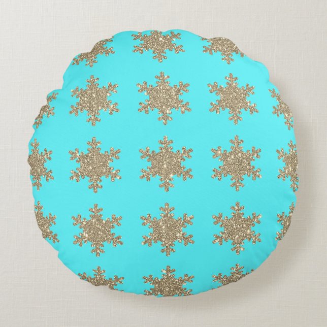 Glittery Gold Snowflakes Patterns Türkis Blau Rundes Kissen (Vorderseite)