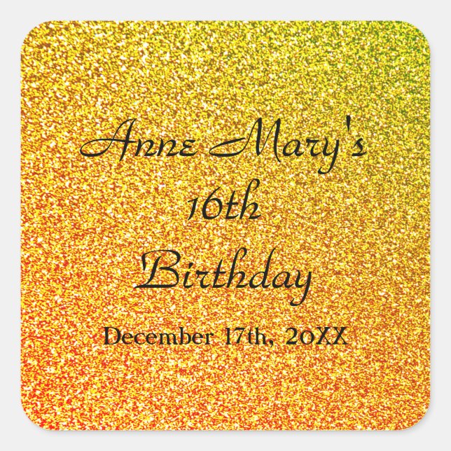 Glittery Gold Sparkle 16. Geburtstag Individuelle  Quadratischer Aufkleber (Vorderseite)