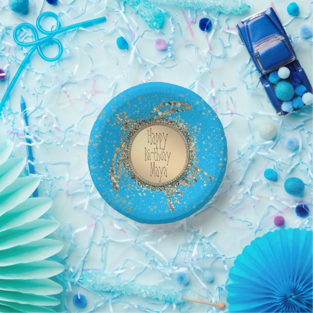 Glittery Gold Turtle on Blue Birthday Pappteller (Party)