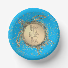 Glittery Gold Turtle on Blue Birthday Pappteller