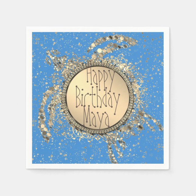 Glittery Gold Turtle on Blue Birthday Serviette (Vorderseite)
