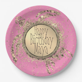 Glittery Gold Turtle on Pink Birthday Paper Plate Pappteller