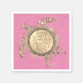 Glittery Gold Turtle on Pink Birthday Serviette