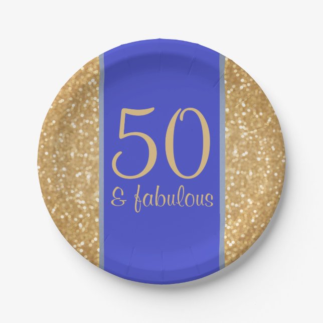 Glittery Gold und Blue 50 & Fabulous 50. Geburtsta Pappteller (Vorderseite)