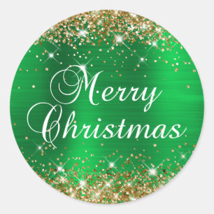 Glittery Gold und Green Foil Frohe Weihnachten Runder Aufkleber