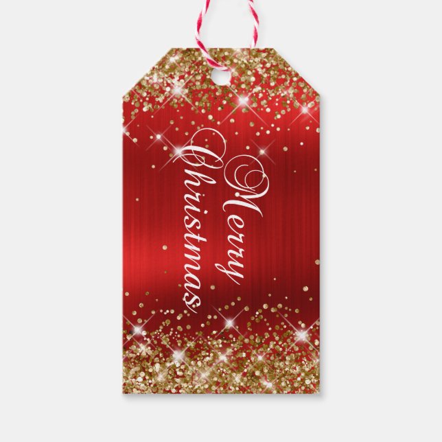 Glittery Gold und Red Foil Frohe Weihnachten Geschenkanhänger (Vorderseite)