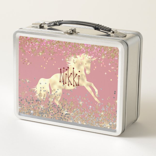 Glittery Gold Unicorn Metall Brotdose (Vorderseite)