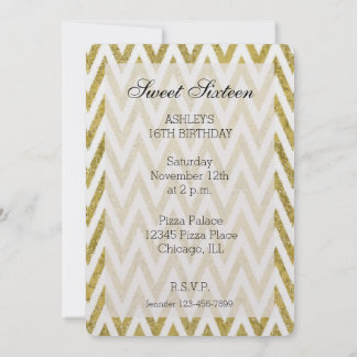 Glittery Gold White Zickzack Stripes 16 . Geburtst Einladung