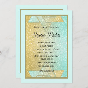Glittery Gradient Bat Mitzvah Aqua Gold Einladung