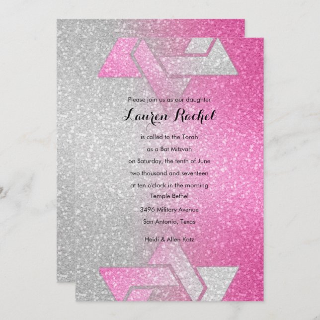 Glittery Gradient Bat Mitzvah Hot Pink Einladung (Vorne/Hinten)
