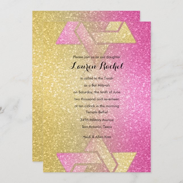 Glittery Gradient Bat Mitzvah Hot Pink Einladung (Vorne/Hinten)