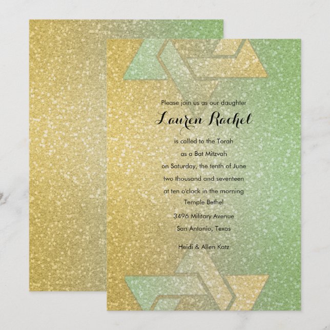 Glittery Gradient Bat Mitzvah Mint Einladung (Vorne/Hinten)
