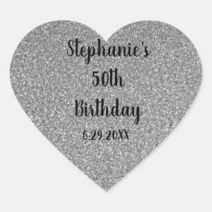 Glittery Gray Silver Custom Happy Birthday Name Herz-Aufkleber