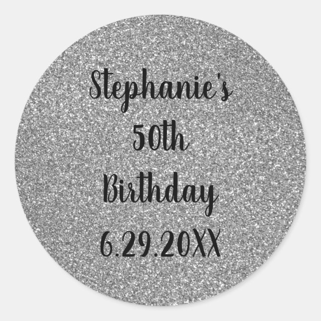 Glittery Gray Silver Happy Birthday Name Custom Runder Aufkleber (Vorderseite)