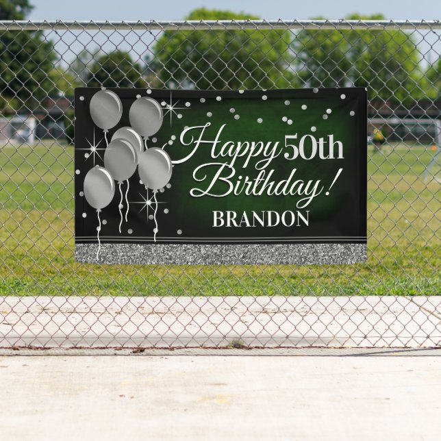 Glittery Green und Silver Happy Birthday Banner (Insitu)