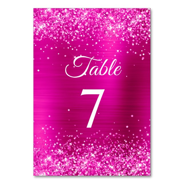 Glittery Hot Pink Foil Elegante Kalligrafie Tischnummer (Vorderseite)