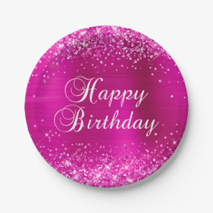 Glittery Hot Pink Foil Happy Birthday Pappteller