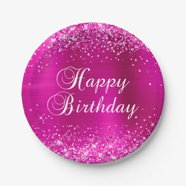 Glittery Hot Pink Foil Happy Birthday Pappteller (Vorderseite)