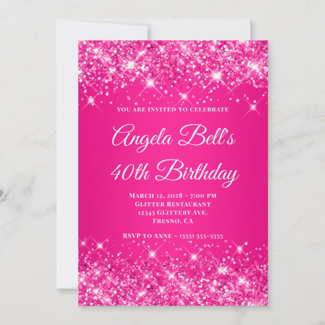 Glittery Hot Pink Ombre Monogram 40. Geburtstag Einladung (Vorderseite)