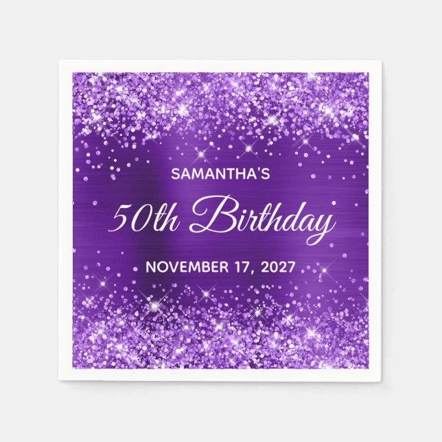Glittery Indigo Lila Foil 50. Geburtstag Serviette (Vorderseite)