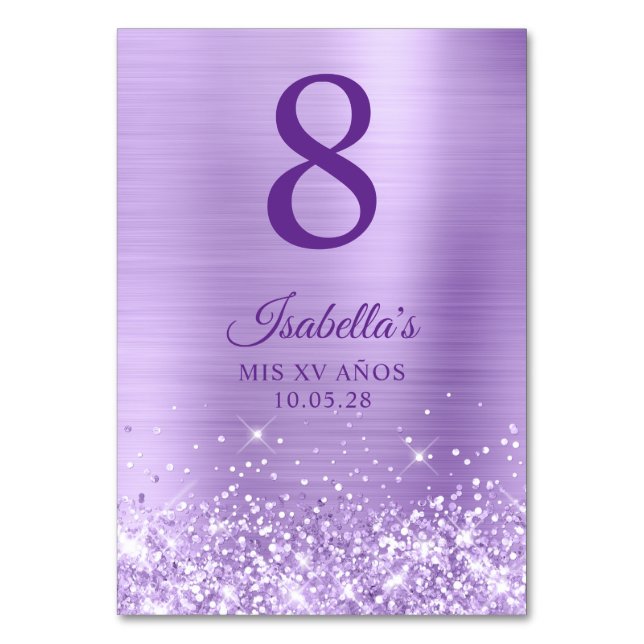 Glittery Lavender Foil Mis XV Años Tischnummer (Vorderseite)