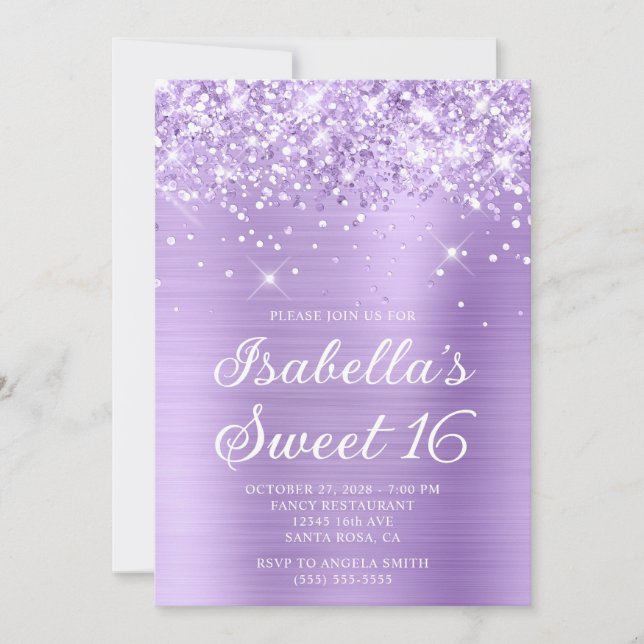 Glittery Lavender Foil Sweet 16 Foto Einladung (Vorderseite)