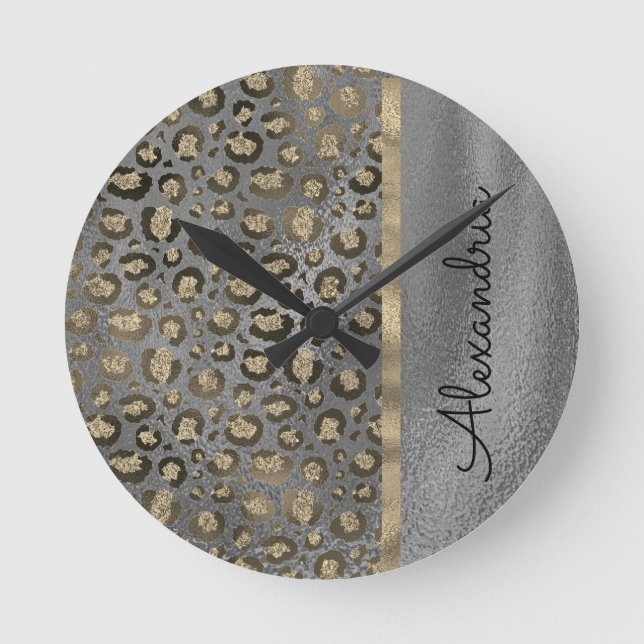 Glittery Leopard Print on Glossy Grau       Runde Wanduhr (Vorderseite)