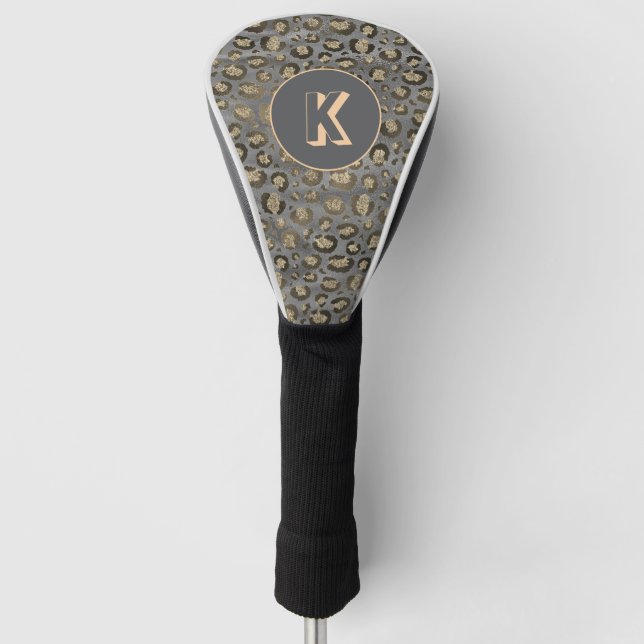 Glittery Leopard Print on Glossy Gray Monogram Golf Headcover (Vorderseite)